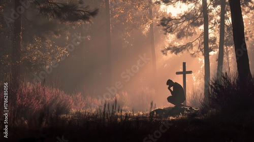 Man praying at a cross in a foggy forest at sunrise