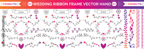 Wedding ribbon frame, doodle watercolour bow border set, vector hand drawn holiday invitation design. Coquettish girly wavy line print, birthday greeting minimalist cute decor. Elegant ribbon frame