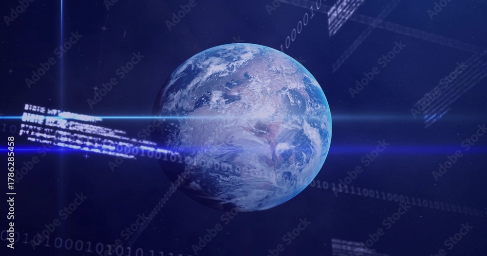 Fototapeta premium Rotating Earth-like planet showing clouds and continents in orbit, with blue beams streaming code