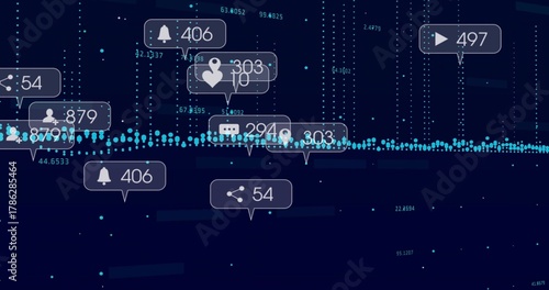 Displaying cyan or teal data band on navy analytics UI, with faint callouts showing icons and counte