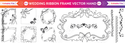 Wedding ribbon frame, doodle watercolour bow border set, vector hand drawn holiday invitation design. Coquettish girly wavy line print, birthday greeting minimalist cute decor. Elegant ribbon frame