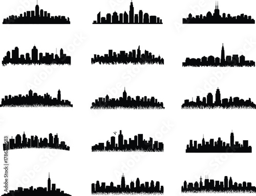 Collection of City Skyline Silhouettes Set Against White Background for Design and Architectural Vis
