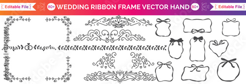 Wedding ribbon frame, doodle watercolour bow border set, vector hand drawn holiday invitation design. Coquettish girly wavy line print, birthday greeting minimalist cute decor. Elegant ribbon frame