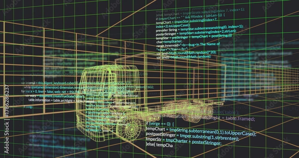 Obraz premium Displaying yellow-green wireframe truck rotating in virtual 3D workspace, showing grid, car, code