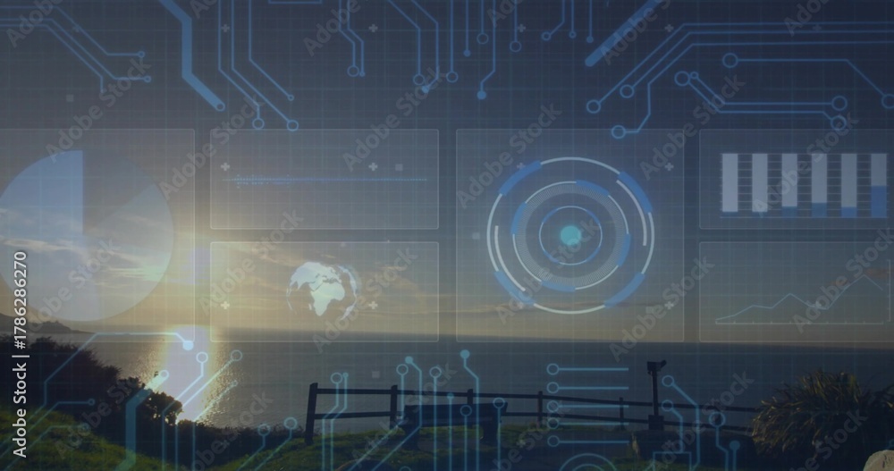 Fototapeta premium Merging ocean horizon with HUD overlay over grassy cliff, showing wooden bench and sun reflection