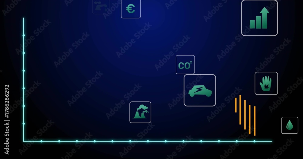 Obraz premium Showing glowing teal L axis with bottom nodes in digital dashboard, with CO2 or euro or car or plant
