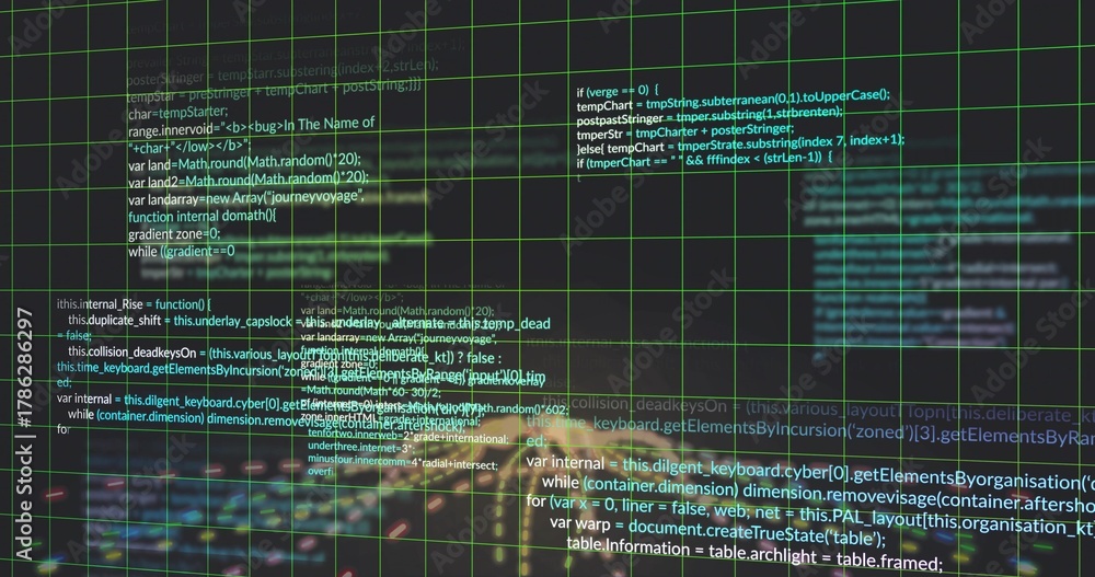 Fototapeta premium Pulsing central programming text cluster floating in virtual interface, with translucent green grid