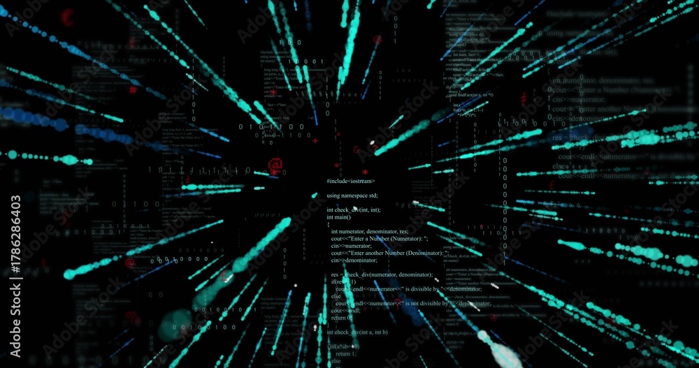 Fototapeta premium Streaming teal cyan streaks and trails racing through virtual space, showing code and binary digits