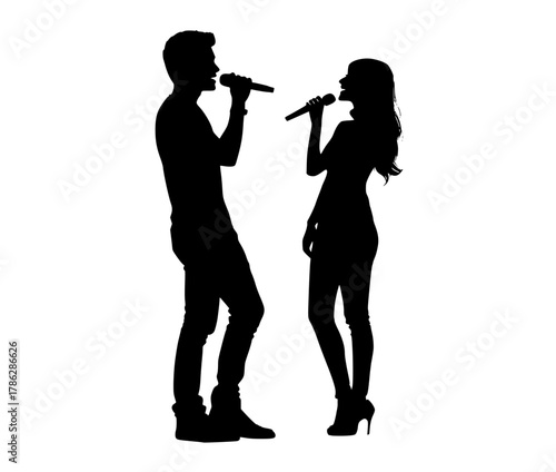 a silhouette of a man and a woman singing into a microphonecouple, duet, girl, karaoke, man, microphone, profile, sing, singe, singer, song, stand, woman 