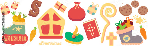 Sinterklaas and Saint Nicholas Day icons set vector illustration, traditional Dutch and Belgian holiday symbols, creative graphic art for greeting cards, invitations, and cultural event decorations