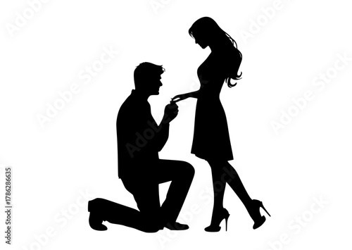 a silhouette of a man kneeling and proposing to a womancouple, dance, dress, girl, man, profile, proposal, woman 