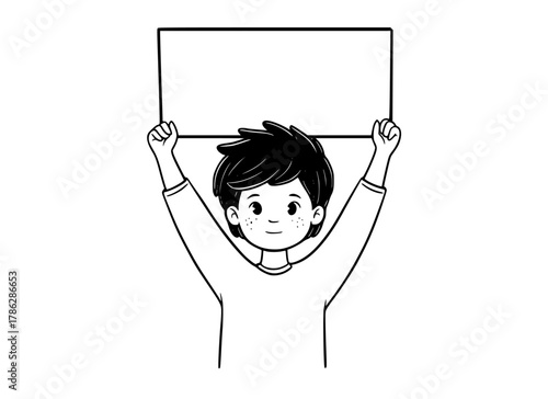 a boy holding up a blank sign with both handsboy, catch, child, hand, head, illustration, placard, sign, white 