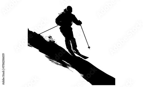 a silhouette of a skier ascending a steep hillblack, hill, man, person, pole, profile, ramp, ride, ski, ski pole, ski slope, skier, slide, slope 