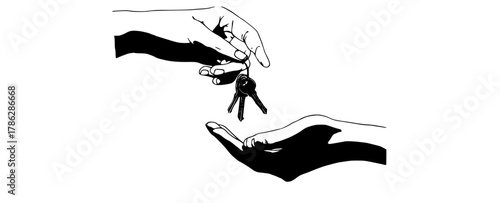 a black and white drawing of two hands exchanging keysblack, catch, hand, key, person, white 