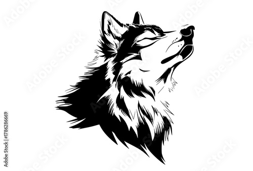 a stylized black and white drawing of a wolf head, roaring with its mouth openanimal, black, dog, head, husky, illustration, image, logo, profile, white, wolf 
