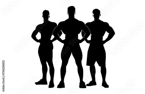 three muscular men standing side by side with their hands on their hipsathletic, black, bodybuilder, hip, man, muscle, pose, profile, stand, swimwear 