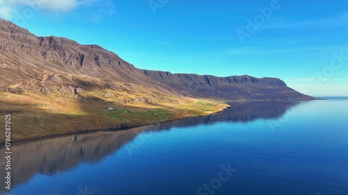 Aerial view of the scenery in a fjord of Iceland