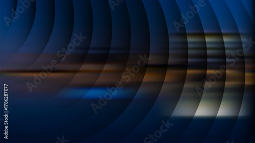 Vector illustration of abstract blue and dark background with curved lines and light streaks, digital art