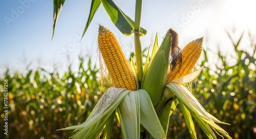 Ripe Corn Cobs in a Field at Sunset, Agricultural Harvest