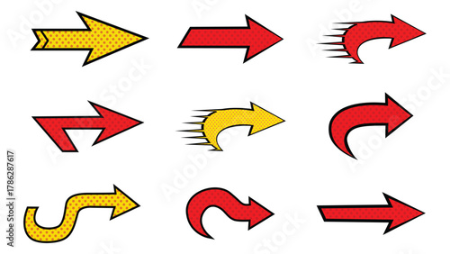 Collection of nine different arrow designs pointing in various directions, each with a unique style and color scheme