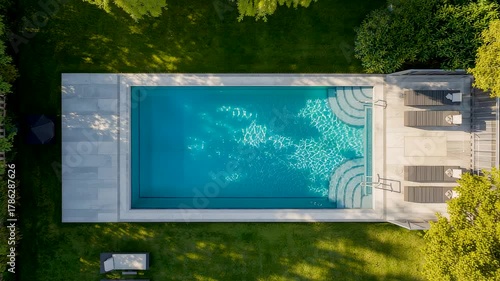 Luxury rectangular swimming pool with turquoise water and lounge chairs in lush garden
