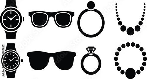 Collection of Fashion Accessories in Black Silhouette Including Watches Sunglasses Rings and Necklac