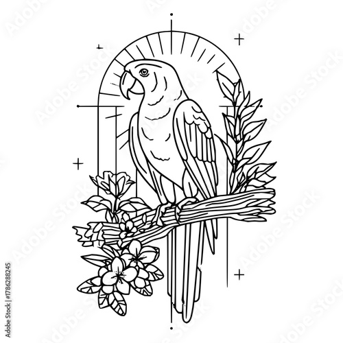 Parrot line art illustration tropical bird perched on branch with flowers and leaves drawing design vector