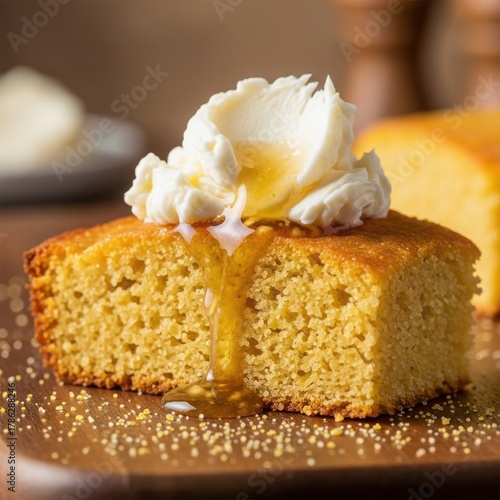 Delicious cornbread slice with whipped cream and honey