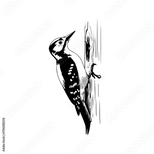 Black and white woodpecker drawing vector illustration of bird on tree trunk wildlife art design isolated image