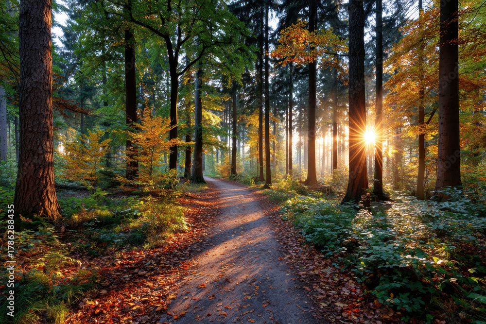 Fototapeta premium Sunrise on a Forest Path in Autumn