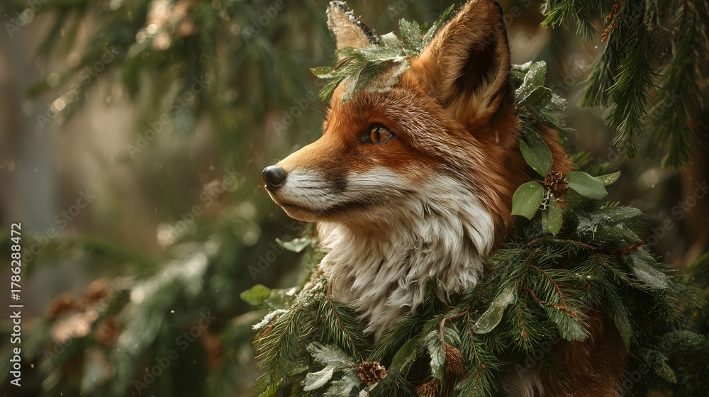 Fototapeta premium A mystical red fox with bright eyes, draped in evergreen branches and touched by frost.