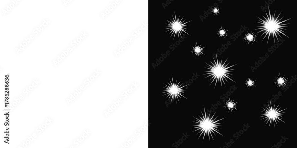 Fototapeta premium glowing light effects, featuring white starbursts and sparkles isolated on transparent and black backgrounds for design overlay. 
