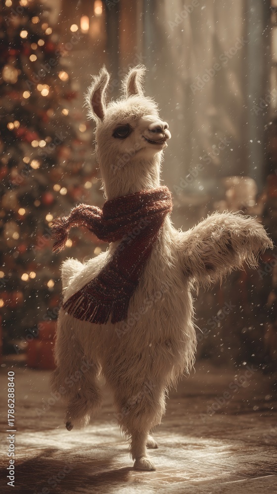 Obraz premium Whimsical Llama in Snowfall by Christmas Tree