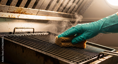 Hand in glove cleaning dirty greasy grill with sponge in commercial kitchen area