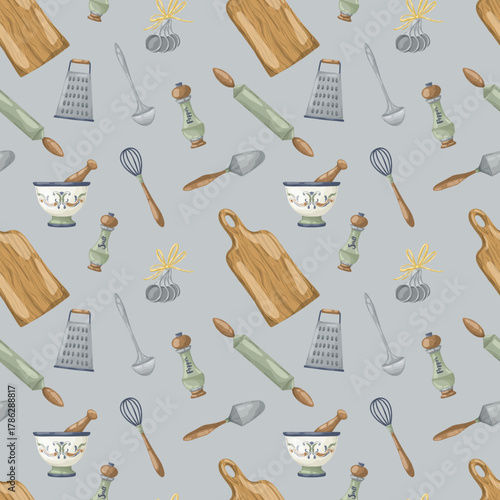 Seamless kitchen pattern border of rustic tea service items: teacups, teapots, and creamer pitchers with folk floral ornaments. Hand-drawn vector illustration, ideal for cafe menus