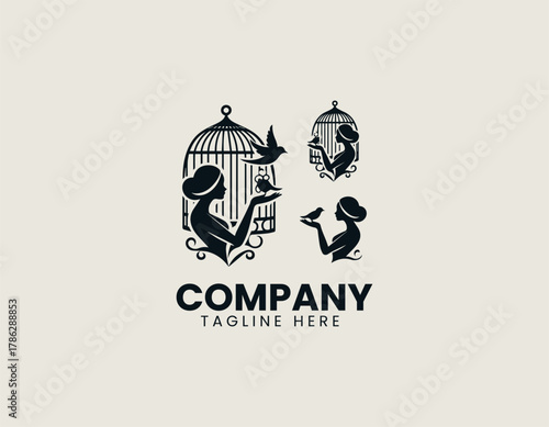 Elegant woman silhouette vector logo illustration holding antique birdcage with caged bird inside. Freedom and beauty concept