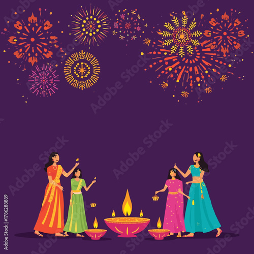 Diwali celebration with fireworks and women lighting diyas