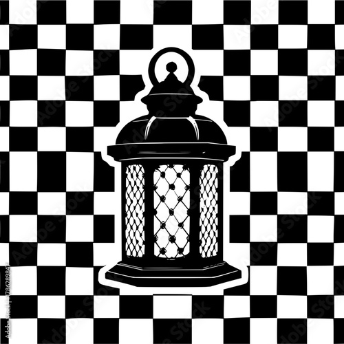 Ornate lantern on a checkered background creates a visually striking and intriguing composition with contrast