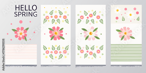 Collection of hello spring floral designs with pink and green flowers and striped backgrounds