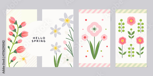 Collection of four charming spring greeting cards with delicate floral illustrations and text that says hello spring