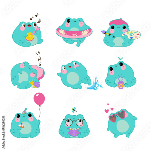 Funny kawaii frogs. Positive toads various poses and emotions. Frog musician, painter, birthday party, sleeping and flirting. Nowaday stickers vector clipart
