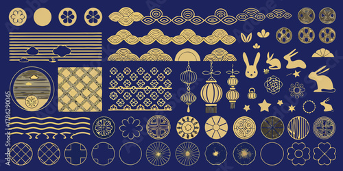 Collection of golden japanese inspired ornate decorative elements and symbols on a deep blue background