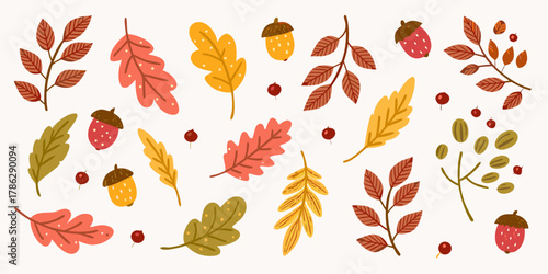 Autumn harvest collection featuring oak leaves acorns berries and strawberries in warm fall colors