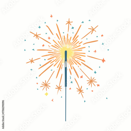 Colorful sparkler illustration with bright fireworks on white background