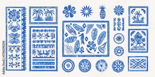 Collection of blue tropical and floral motifs in a hand drawn stamp style