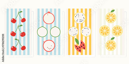 A collection of colorful fruit illustrations including cherries dragon fruit watermelon and lemons on striped backgrounds