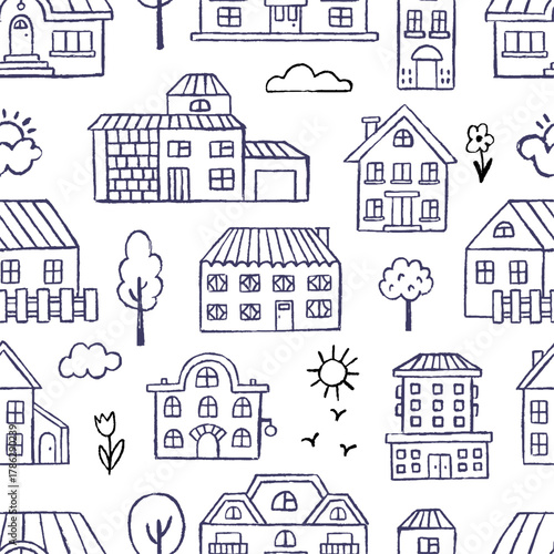 Crayon drawing houses. Sketch pencil or chalk drawn buildings. Decorative art print for fabric, wrapping paper or web site, neoteric vector seamless pattern