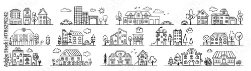 Tiny city houses. Sketch pencil drawing urban and countryside architecture scenes. Children drawn style houses, cars, plants, neoteric vector design