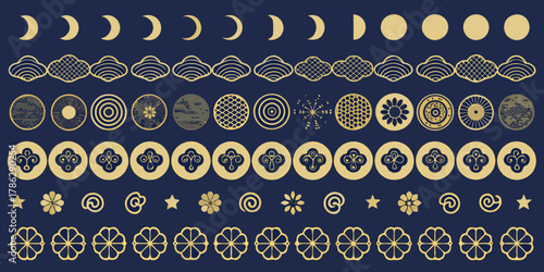 Collection of japanese inspired golden decorative elements and patterns on a dark blue background