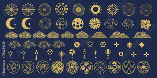 Collection of golden oriental decorative elements on a dark blue background